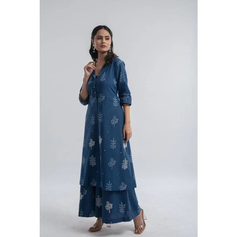 Indigo khadi Block Printed Jacket Style Kurta Set