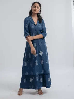 Indigo khadi Block Printed Jacket Style Kurta Set