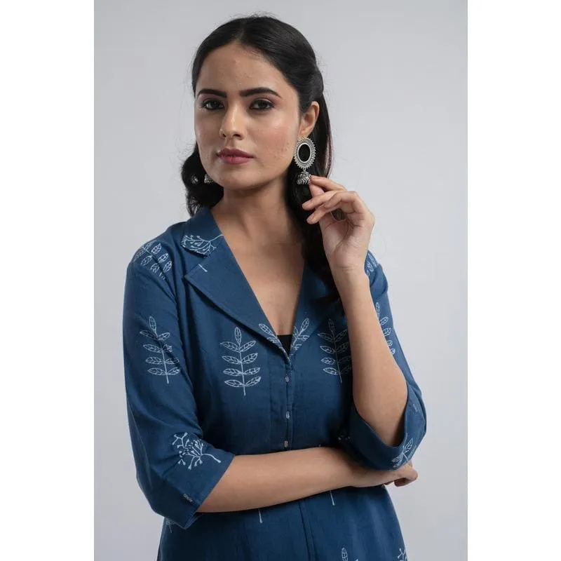 Indigo khadi Block Printed Jacket Style Kurta Set