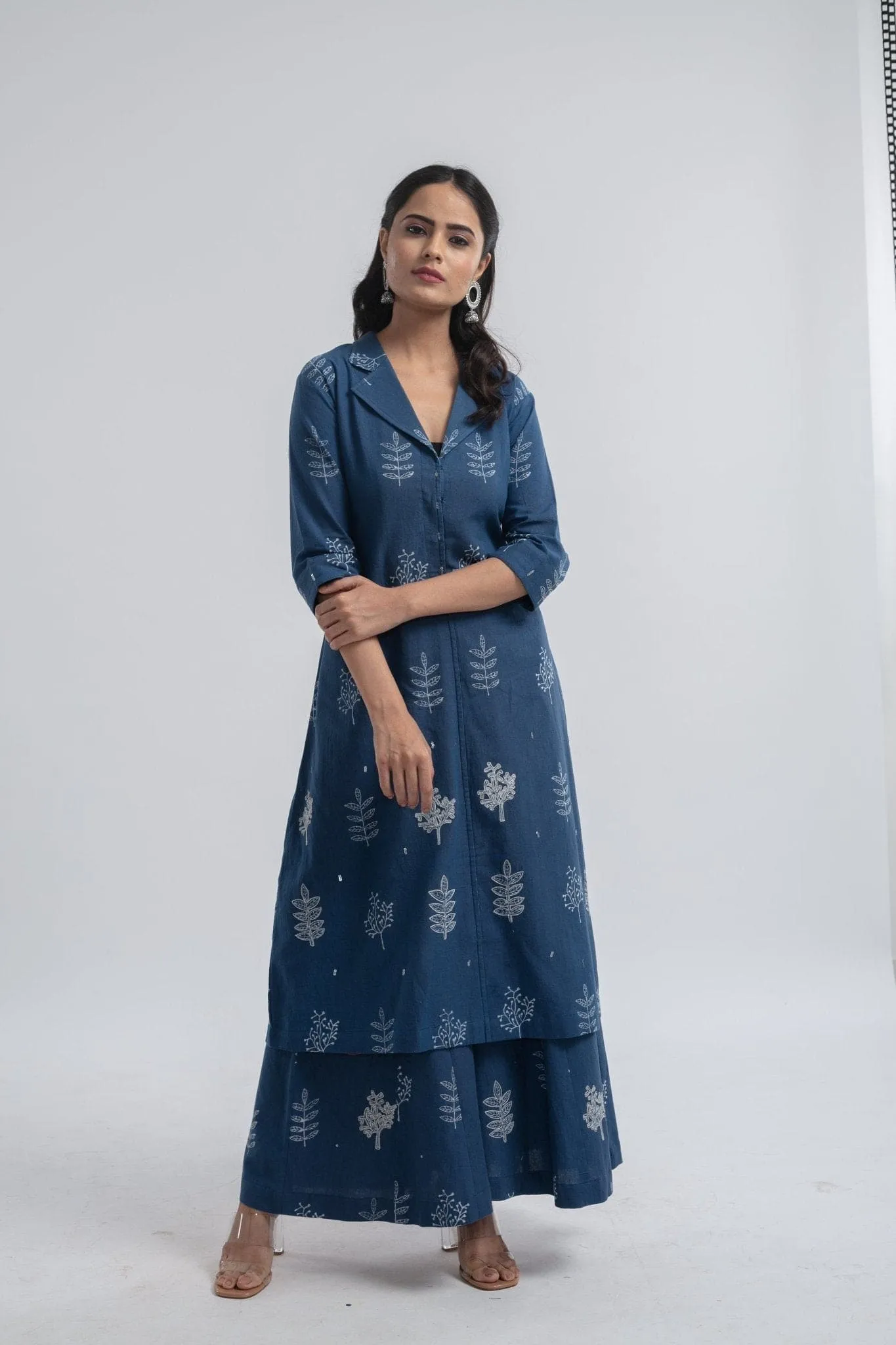 Indigo khadi Block Printed Jacket Style Kurta Set