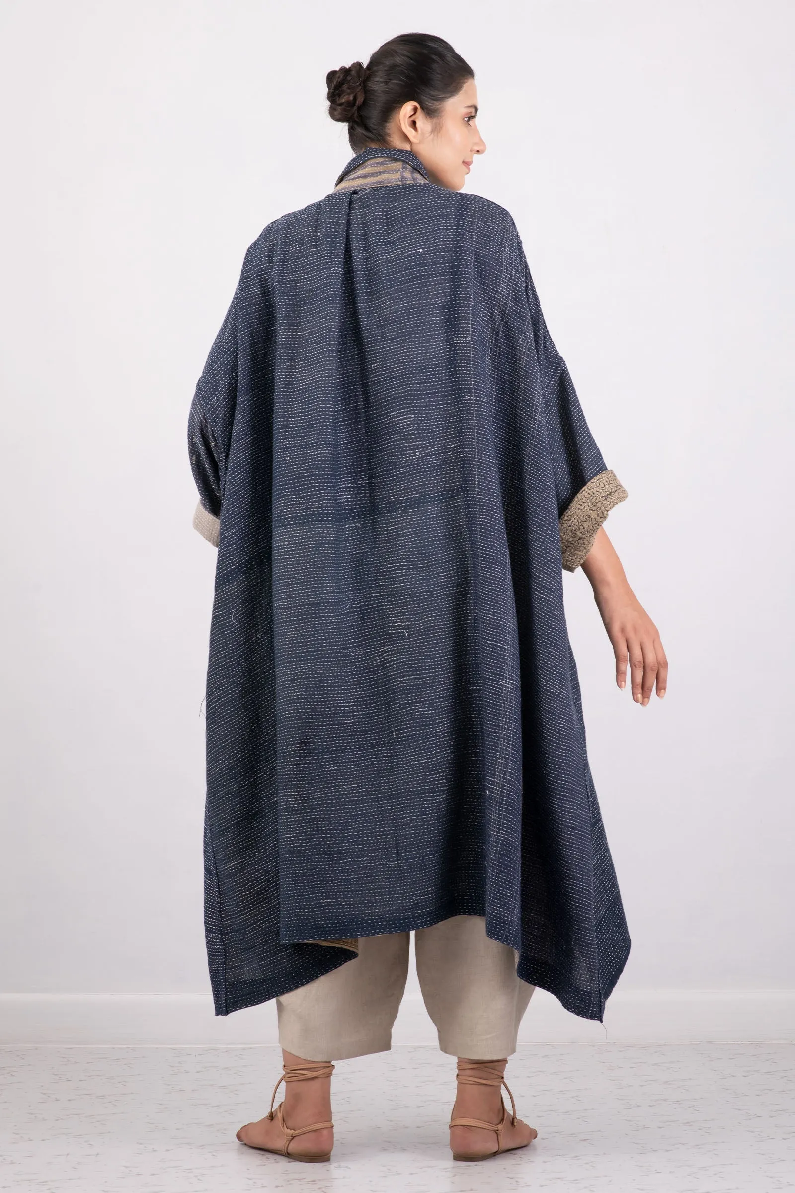 INDONESIAN PRINT VINTAGE INDIGO BACKING KANTHA OVERSIZE DRESS - bi2432-blu -