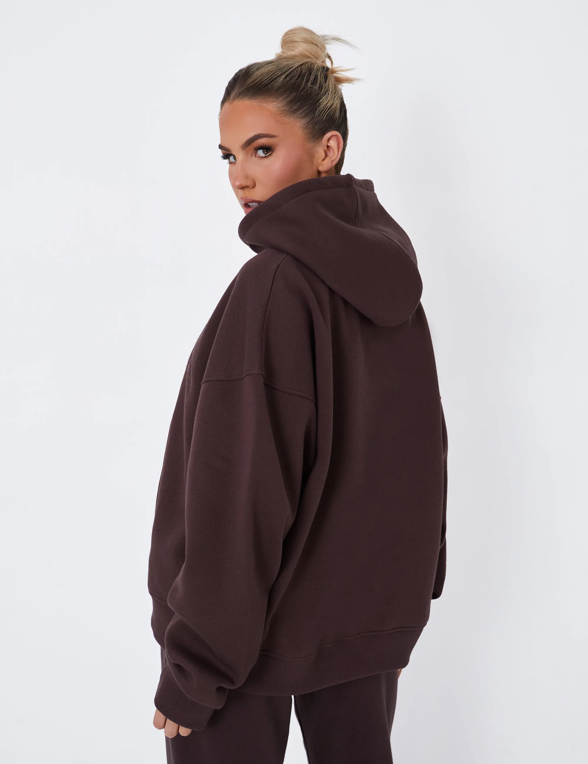 Kaiia Borg Slogan Oversized Hoodie Brown