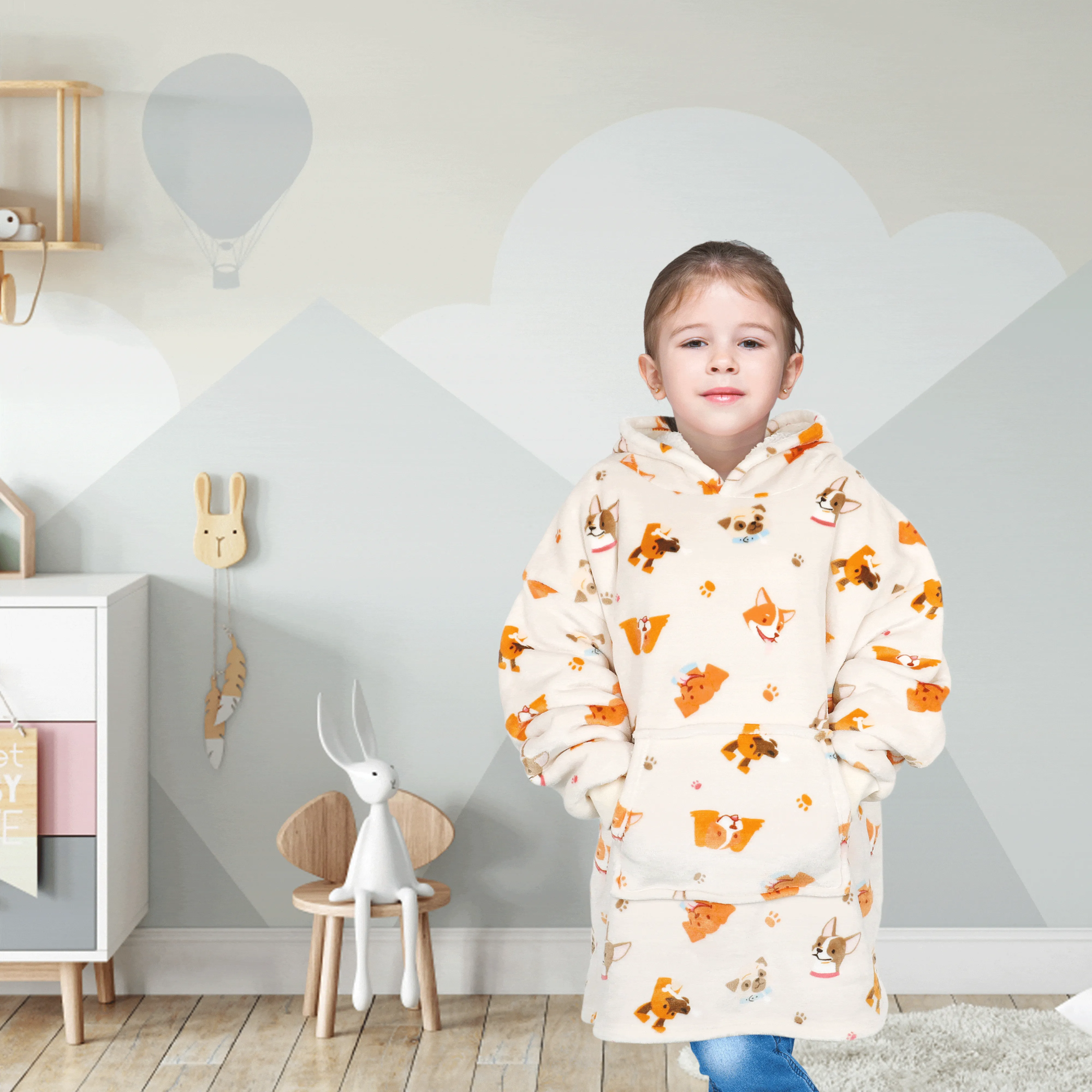 Kids Oversized Hooded Blanket Hoodie Sherpa Fur Fleece Dogs Pattern Ultra Soft Cozy Loungewear for Boys and Girls Aged 8-15 by Daisy Dreamer