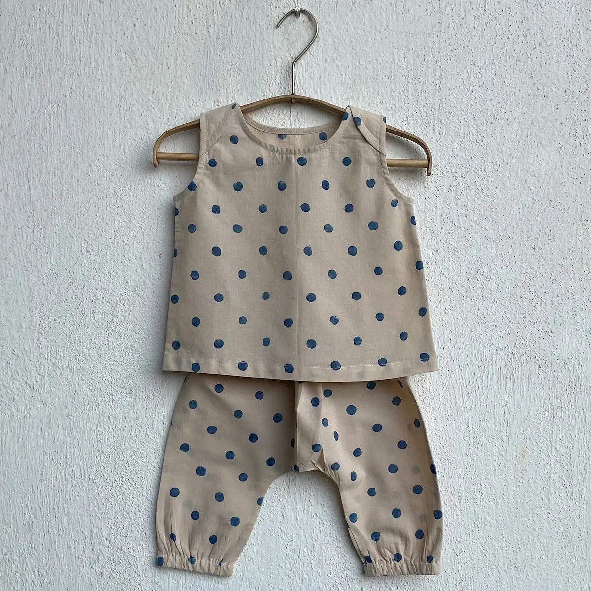 Kids Unisex Organic Cotton Indigo Beige Polka Jhabla with Polka Pants