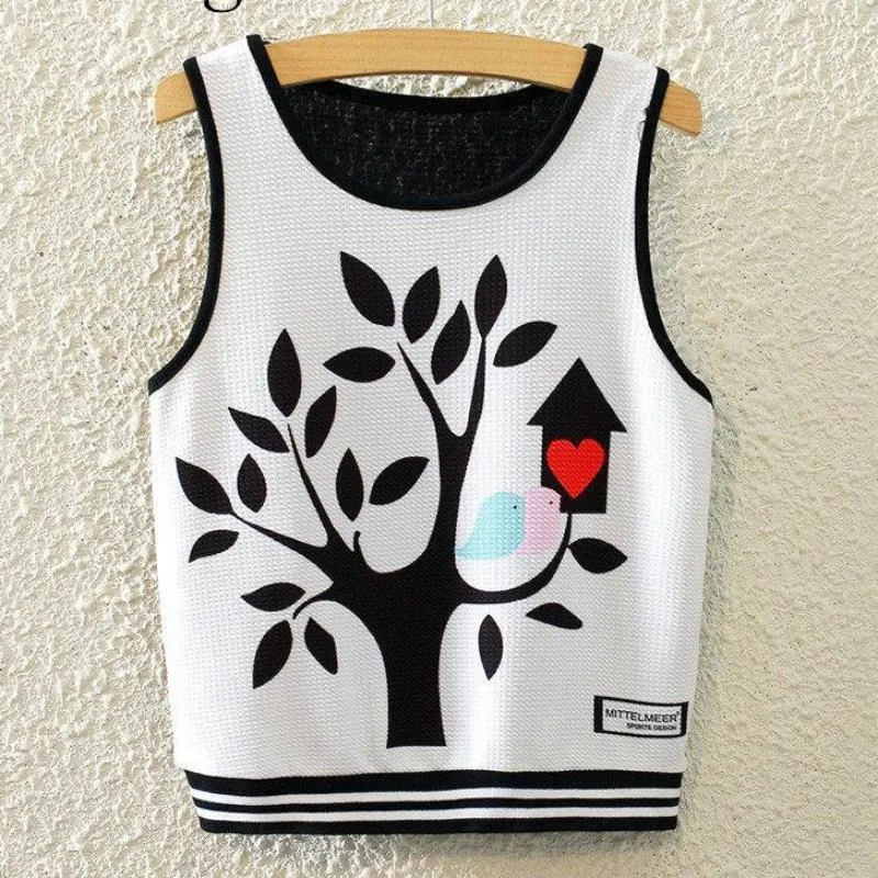 Knitted Crop Top Printed Sleeveless Shirt