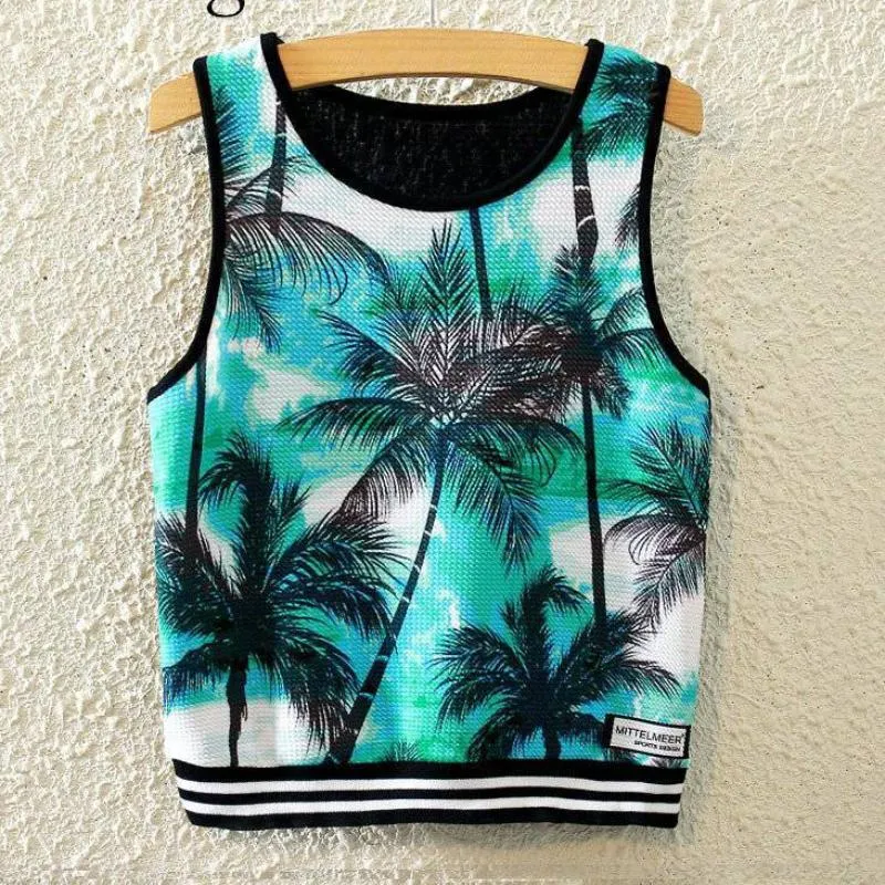 Knitted Crop Top Printed Sleeveless Shirt