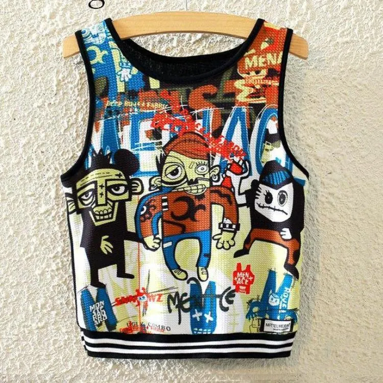 Knitted Crop Top Printed Sleeveless Shirt