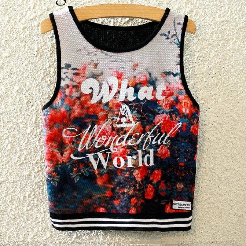 Knitted Crop Top Printed Sleeveless Shirt