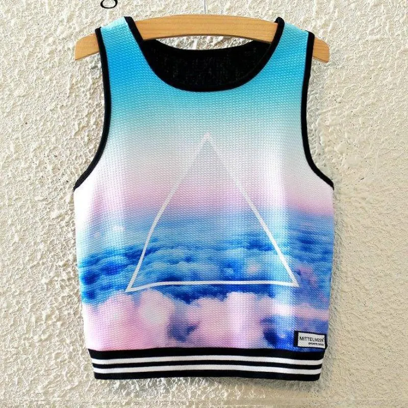 Knitted Crop Top Printed Sleeveless Shirt