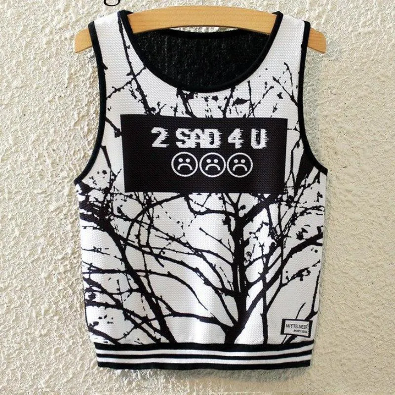 Knitted Crop Top Printed Sleeveless Shirt