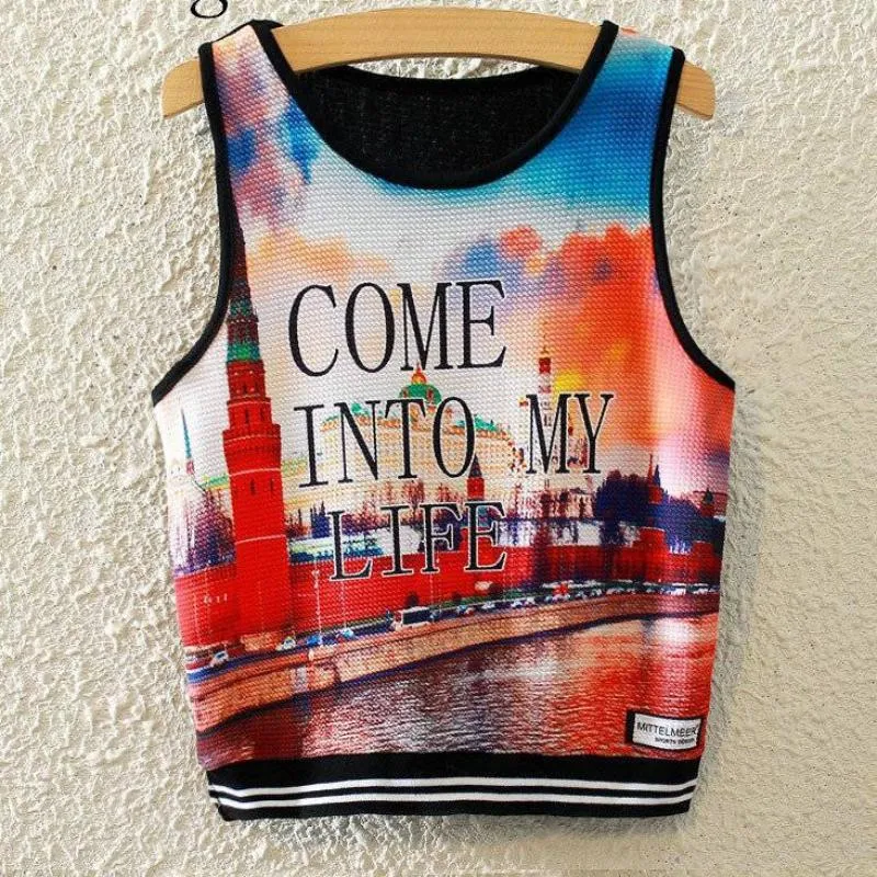 Knitted Crop Top Printed Sleeveless Shirt