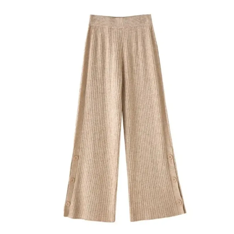 Knitted Winter High Waist Warm Straight Solid Light Blue Wide Leg Pants