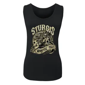 Ladies 2024 Sturgis Motorcycle Rally Grunge & Chains Skull Wing Shredded Lace Back Tank Top