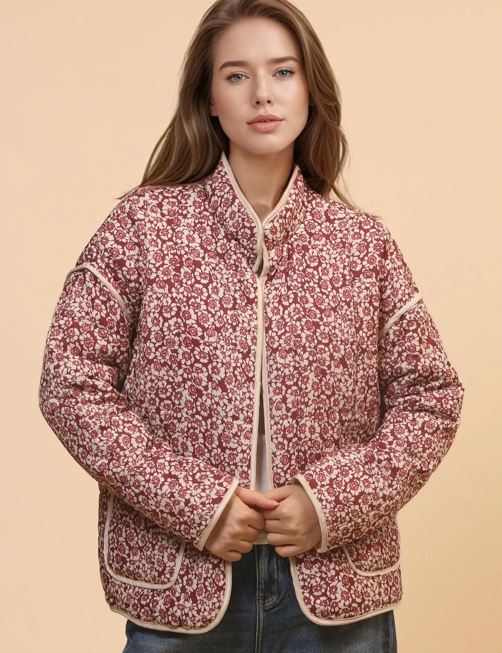 Ladies Floral Printed Padded Coat with Pockets SKT4673