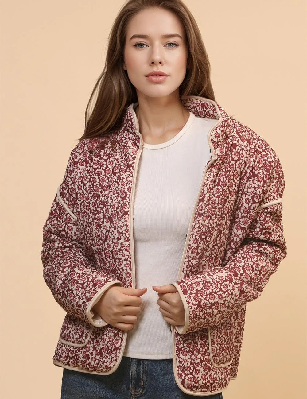 Ladies Floral Printed Padded Coat with Pockets SKT4673