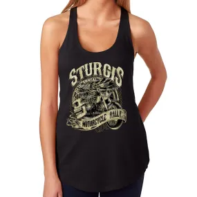 Ladies Jr. Cut 2024 Sturgis Motorcycle Rally Grunge & Chains Skull Wing Racerback Tank Top