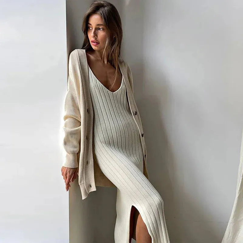 Ladies Temperament Knitted Slip Dress Women Leisure Vertical Stripe Sleeveless V-neck Backless Split Long Dress Casul Daily Wear