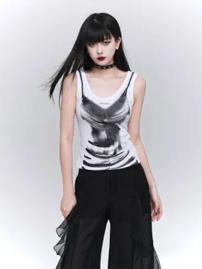 Ladyghost Grunge Skull Tank Top - Women'S Black And White Tie-Dye Sleeveless Shirt With Gothic Print