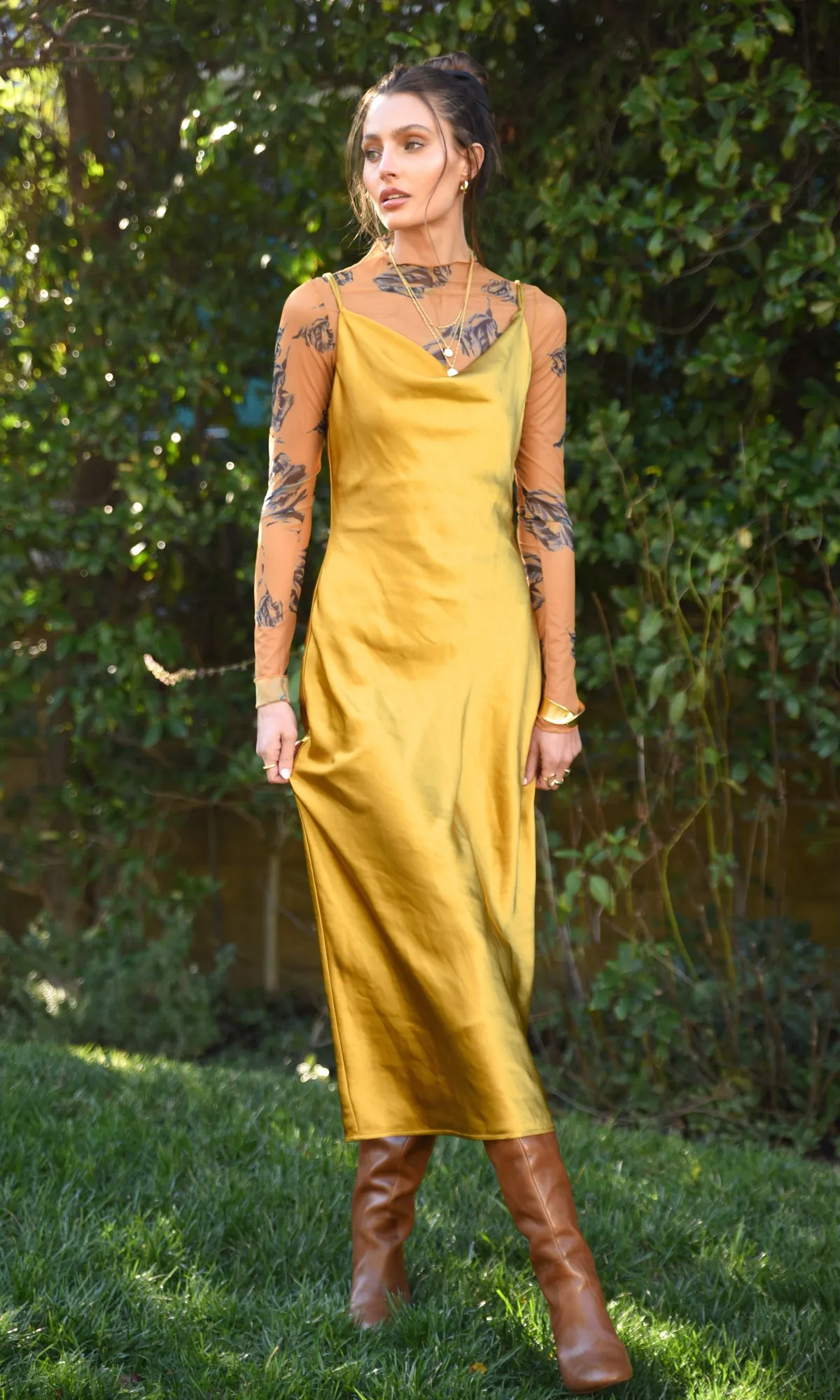 LINDA SATIN COWL NECK SLIP MAXI - GOLD (ONLINE ONLY)