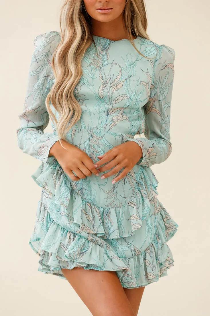 Liz Long Sleeve Double Ruffle Dress Leaf Print Mint