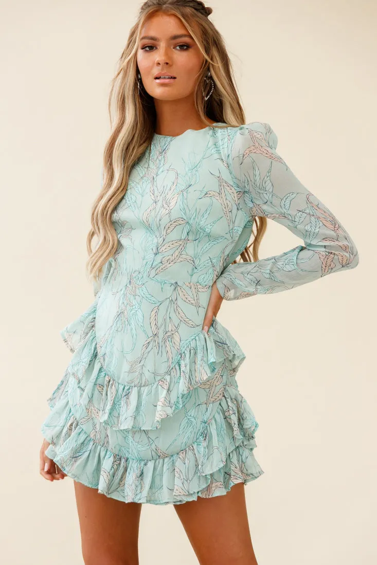 Liz Long Sleeve Double Ruffle Dress Leaf Print Mint