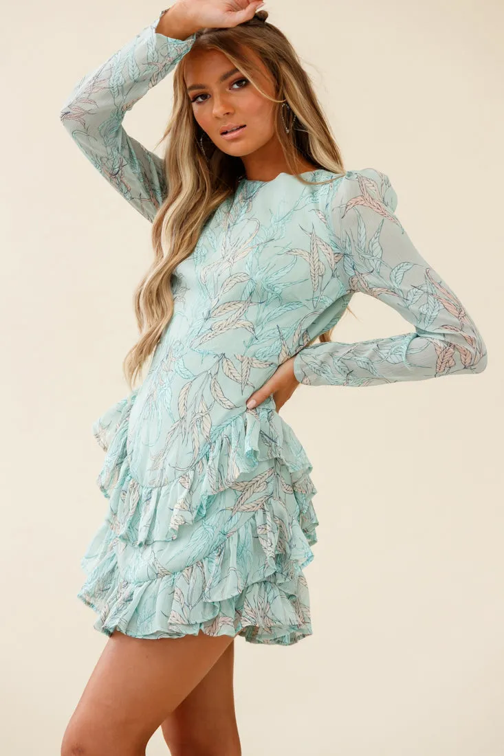 Liz Long Sleeve Double Ruffle Dress Leaf Print Mint