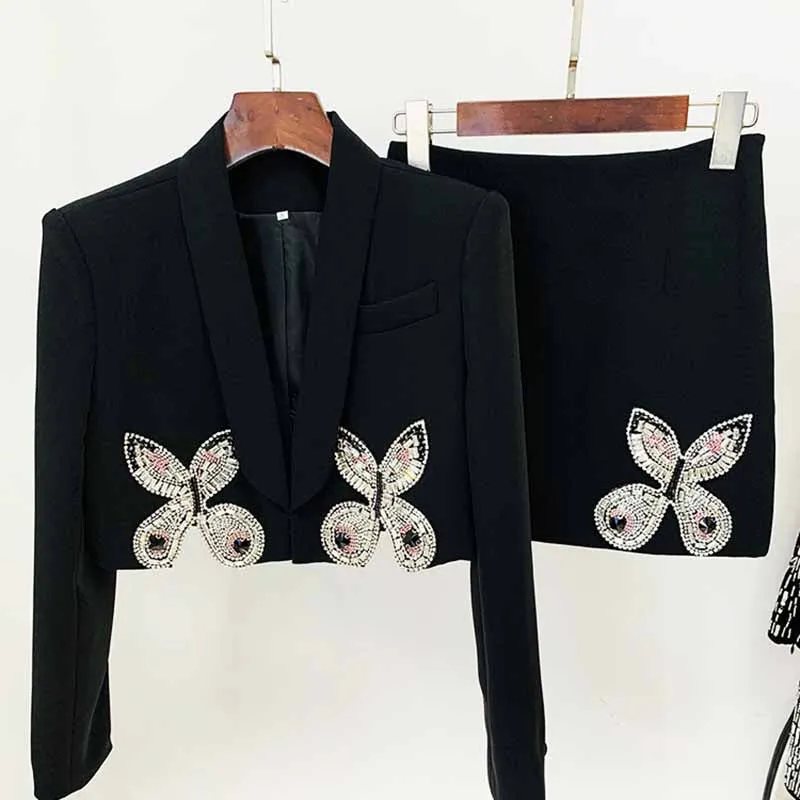 Long Sleeve Rhinestone Bow Two-piece Skirt Suit Chic Mini Skirt and Cropped Blazer Suit