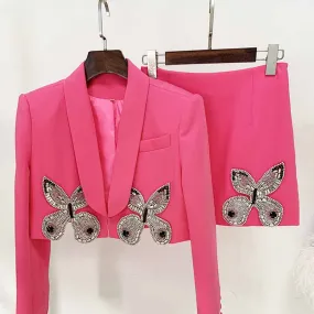 Long Sleeve Rhinestone Bow Two-piece Skirt Suit Chic Mini Skirt and Cropped Blazer Suit