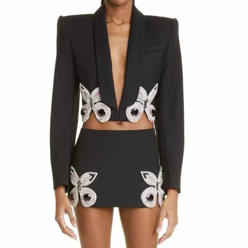 Long Sleeve Rhinestone Bow Two-piece Skirt Suit Chic Mini Skirt and Cropped Blazer Suit