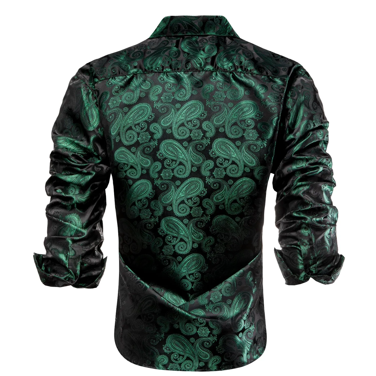 Luxury Dark Green Paisley Pattern Silk Men's Long Sleeve Shirt