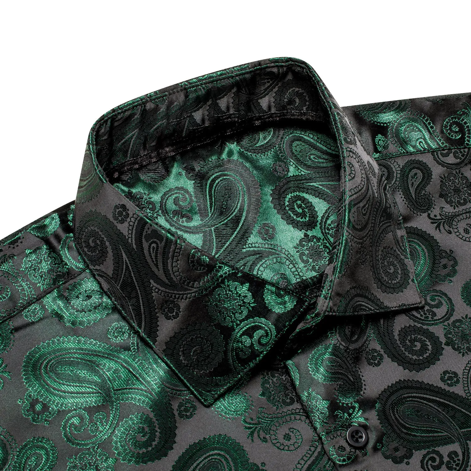 Luxury Dark Green Paisley Pattern Silk Men's Long Sleeve Shirt