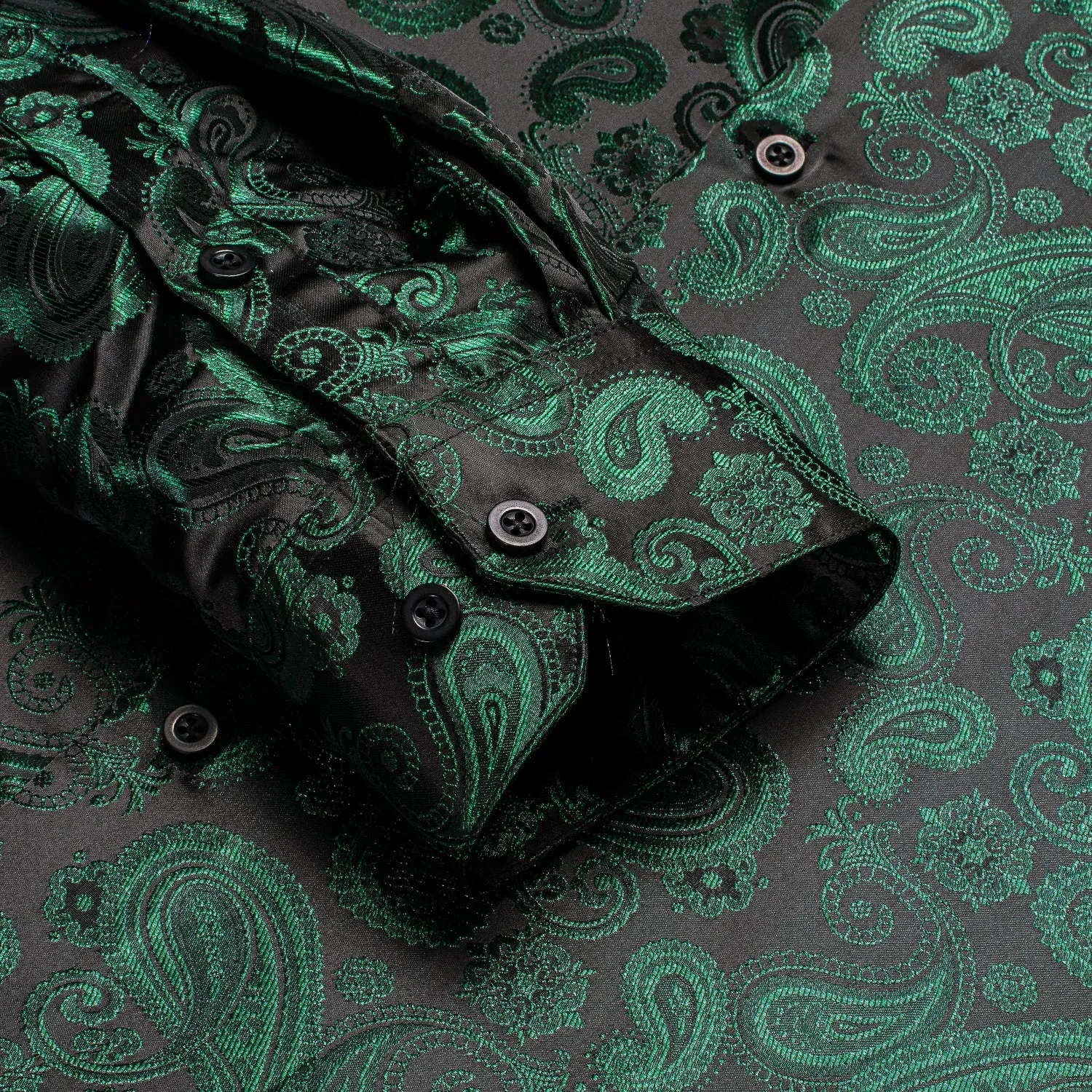 Luxury Dark Green Paisley Pattern Silk Men's Long Sleeve Shirt