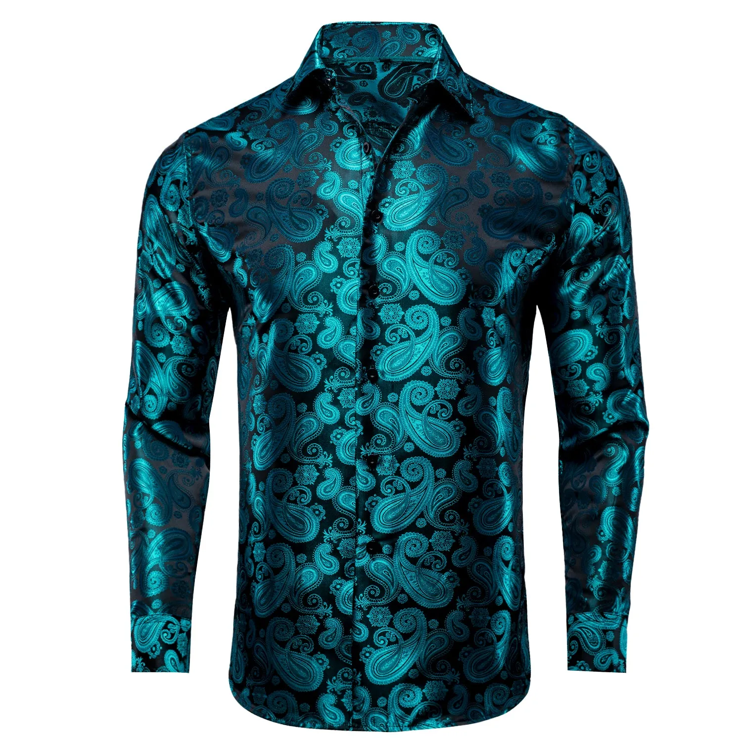 Luxury Lake Blue Paisley Pattern Silk Men's Long Sleeve Shirt