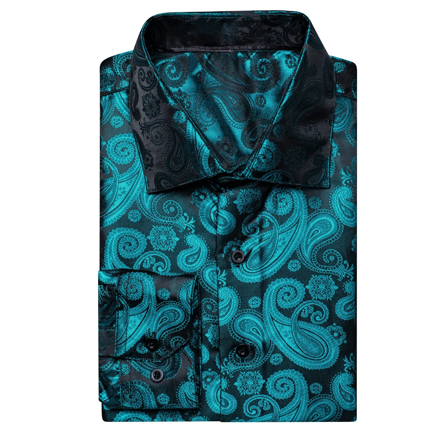 Luxury Lake Blue Paisley Pattern Silk Men's Long Sleeve Shirt