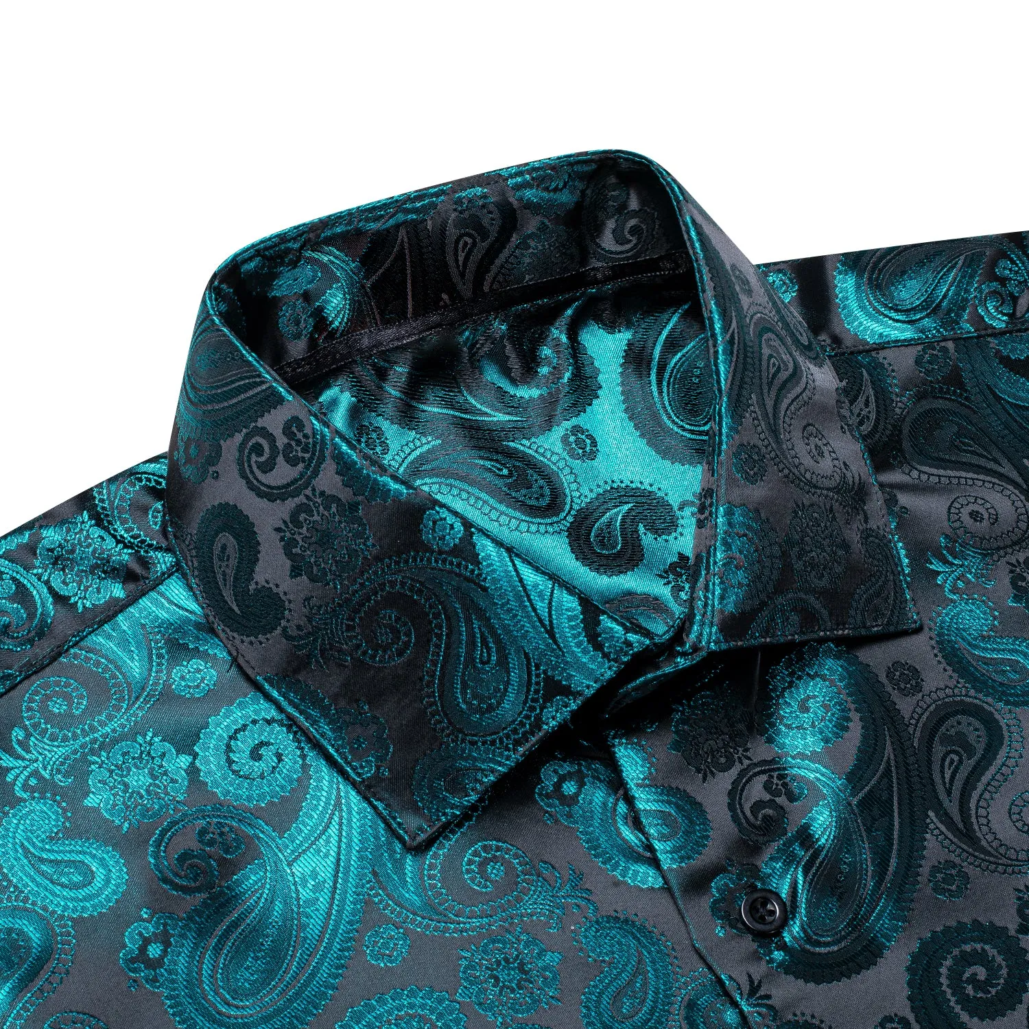 Luxury Lake Blue Paisley Pattern Silk Men's Long Sleeve Shirt