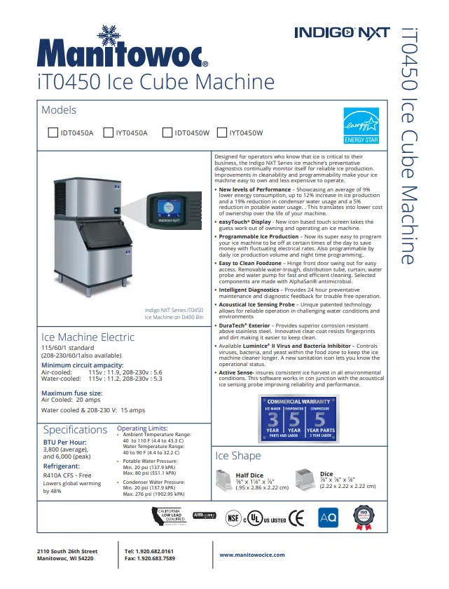 Manitowoc Ice Maker 470lb Full Dice IDT0450A