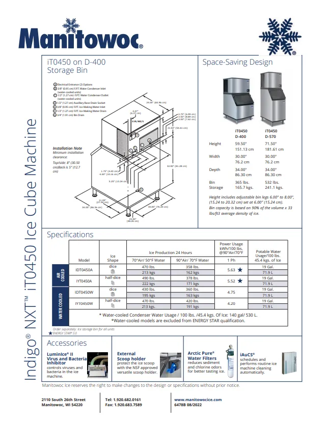 Manitowoc Ice Maker 470lb Full Dice IDT0450A