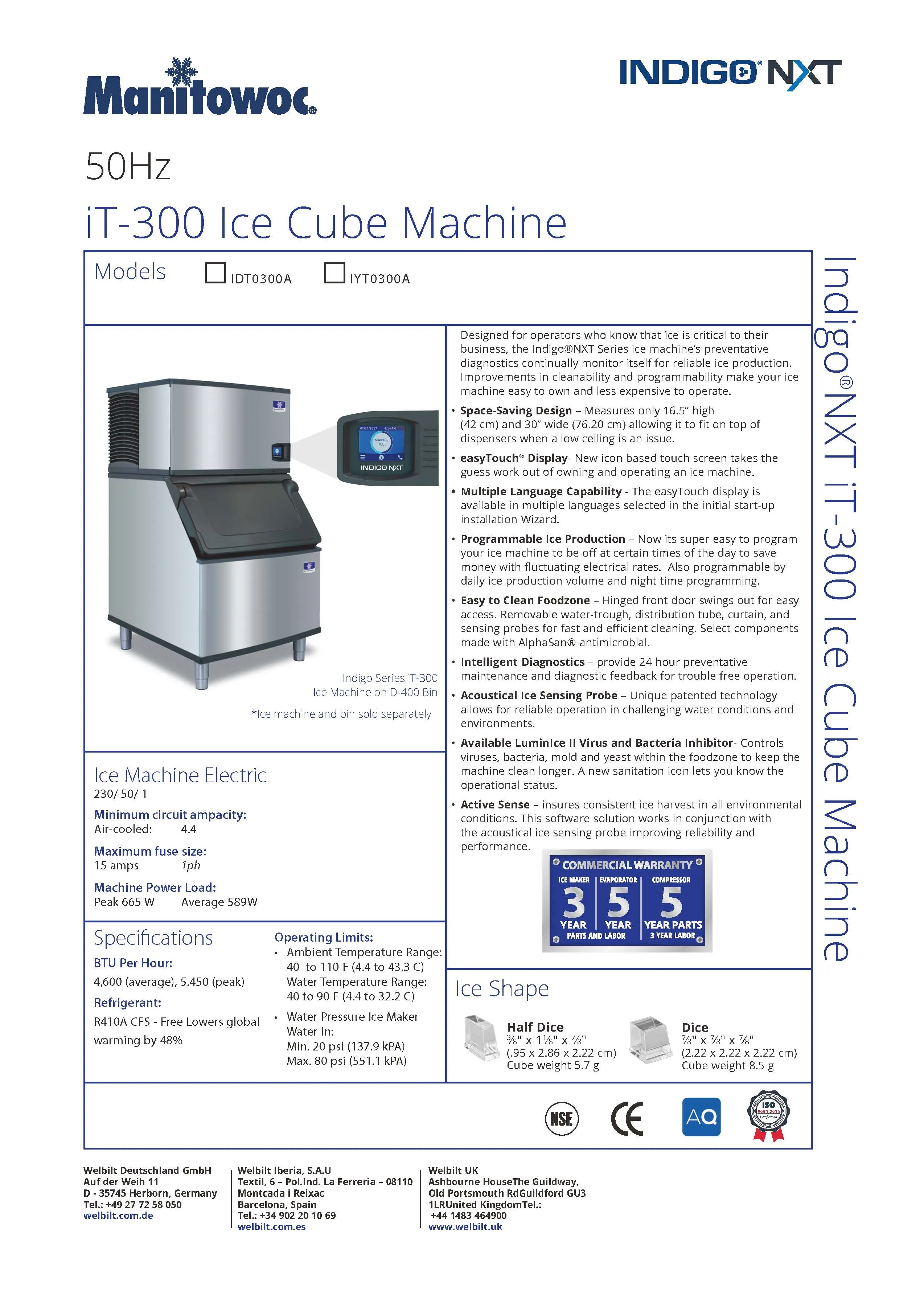 Manitowoc Indigo NXT Series iT0300 Ice Cube Machine