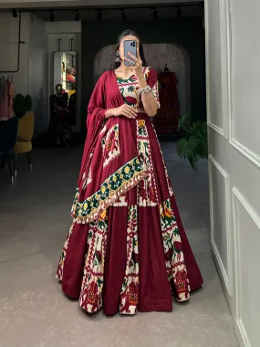 Maroon Rayon Printed Silk Lehenga Choli with Gota Patti & Cowrie Detailing