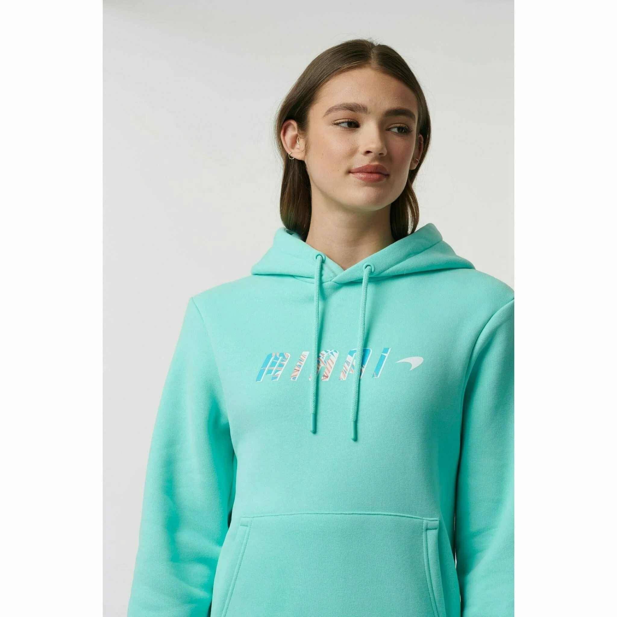 McLaren F1 Women's Miami Palm Graphic Hoodie-Crystal Rose/Aqua Sky