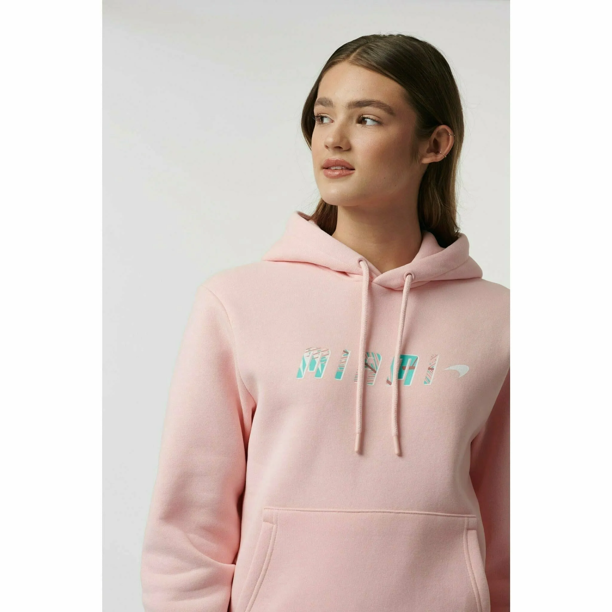 McLaren F1 Women's Miami Palm Graphic Hoodie-Crystal Rose/Aqua Sky