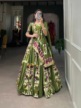 Mehendi Green Rayon Printed Silk Lehenga Choli with Gota Patti & Cowrie Detailing