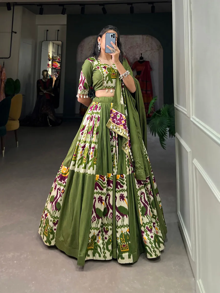 Mehendi Green Rayon Printed Silk Lehenga Choli with Gota Patti & Cowrie Detailing