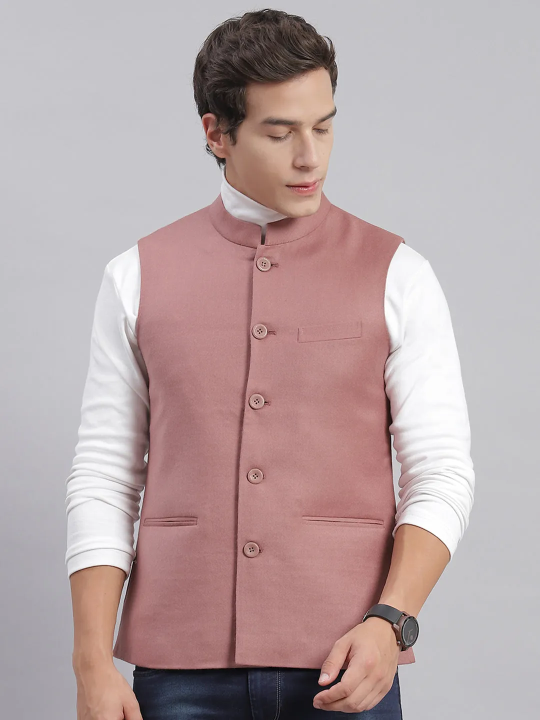 Men Pink Solid Mandarin Collar Sleeveless Nehru Jackets