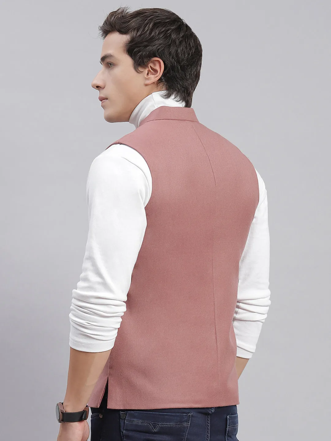 Men Pink Solid Mandarin Collar Sleeveless Nehru Jackets