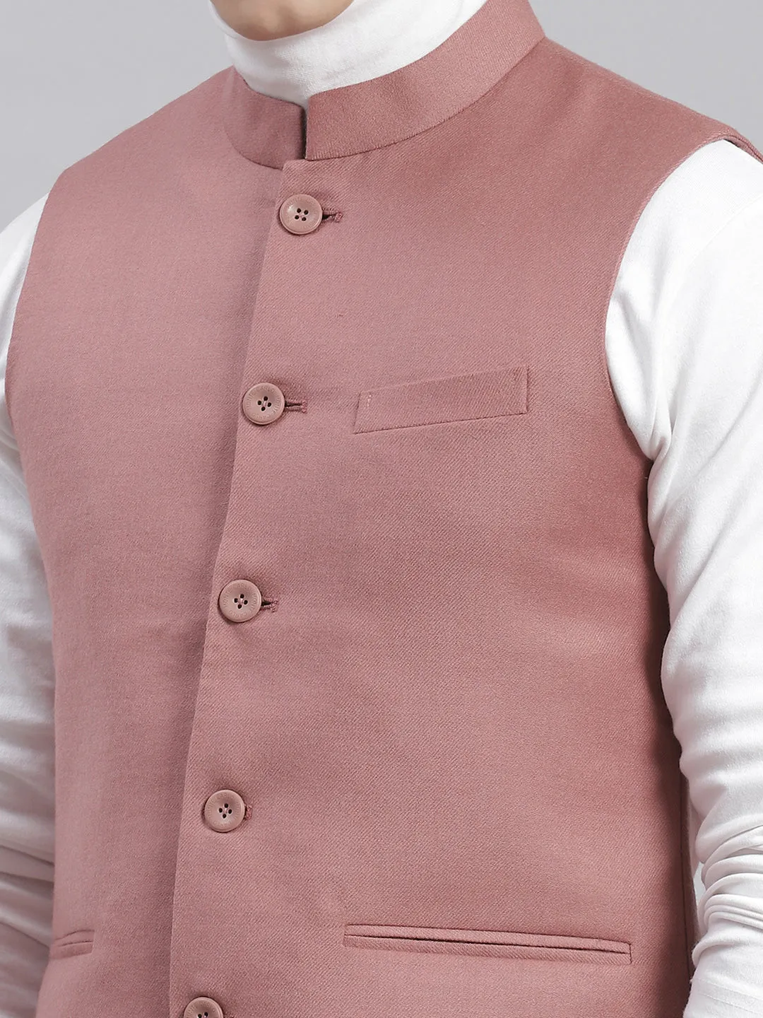 Men Pink Solid Mandarin Collar Sleeveless Nehru Jackets