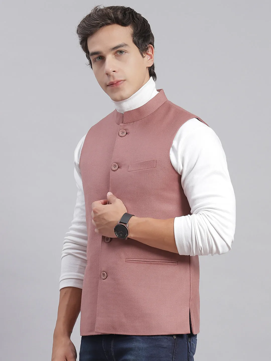 Men Pink Solid Mandarin Collar Sleeveless Nehru Jackets