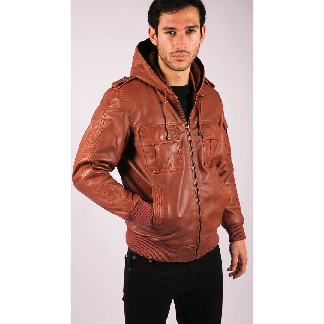 Mens Real Leather Hood Bomber Jacket Tan Timber Brown Washed Vintage Quilted