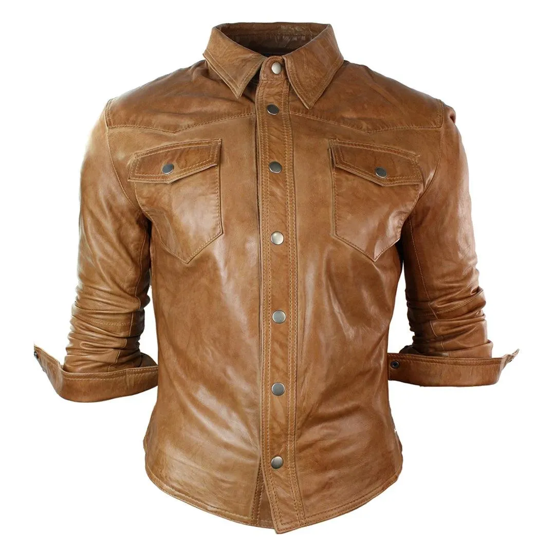 Mens Real Leather Shirt Jacket Tan Brown Black Slim Fit Casual Retro Vintage