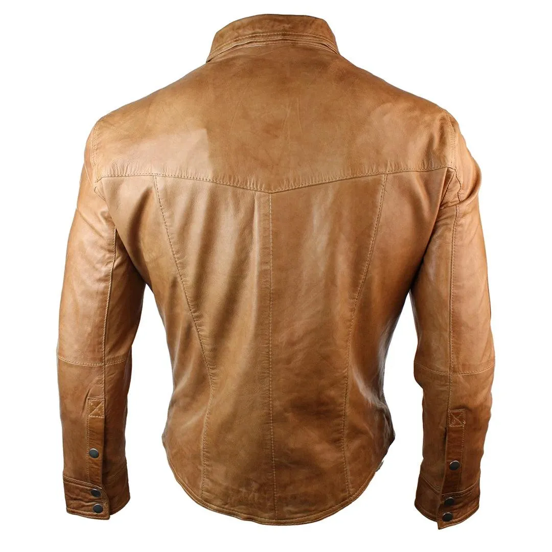 Mens Real Leather Shirt Jacket Tan Brown Black Slim Fit Casual Retro Vintage